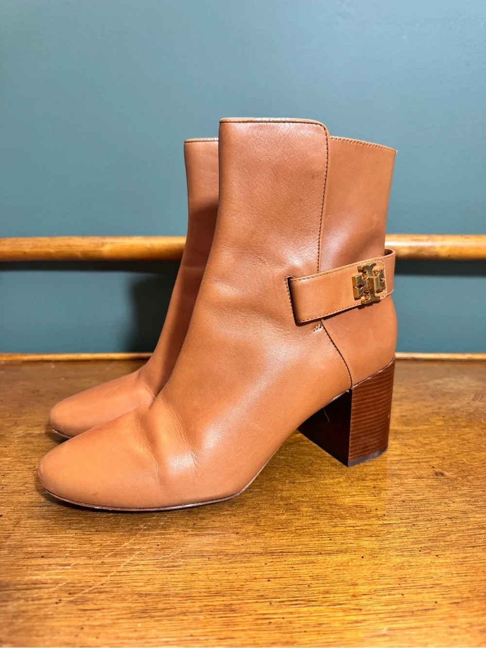 Tory Burch Cognac Leather Ankle Boots with Gold Logo Accent